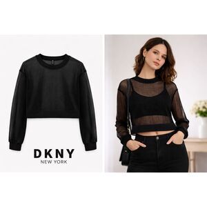 DKNY New York Black Sheer Mesh Cropped Long Sleeve Top